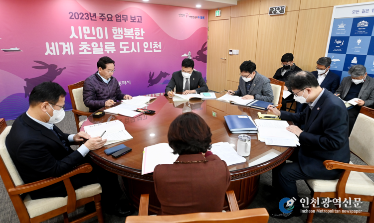 유정복 인천광역시장이 26일 시청 접견실에서 도시재생녹지국 2023년도 주요업무계획을 보고받고 있다.