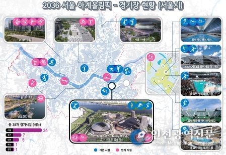 총 38개 경기시설(베뉴) : 서울 24, 경기 7, 인천 5, 부산/강원 1