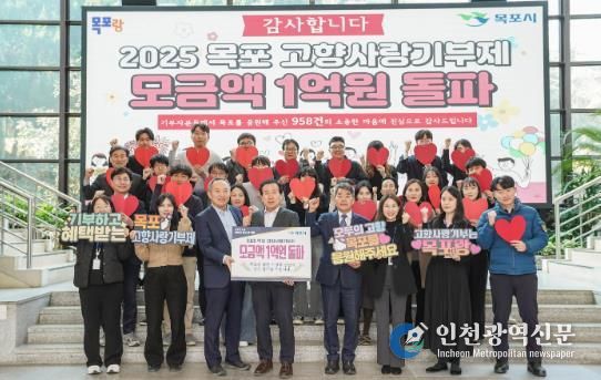 박홍률 목포시장과 시 공직자들이 2025년 고향사랑기부금 1억 돌파를 기념해 감사캠페인을 전개하고 있다.