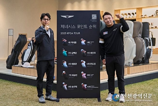 제네시스사업본부장 송민규 부사장(좌)이 이승택 선수의 PGA 투어 입성을 축하하며 제네시스 포인트 순위보드 앞에서 기념촬영을 하고 있다