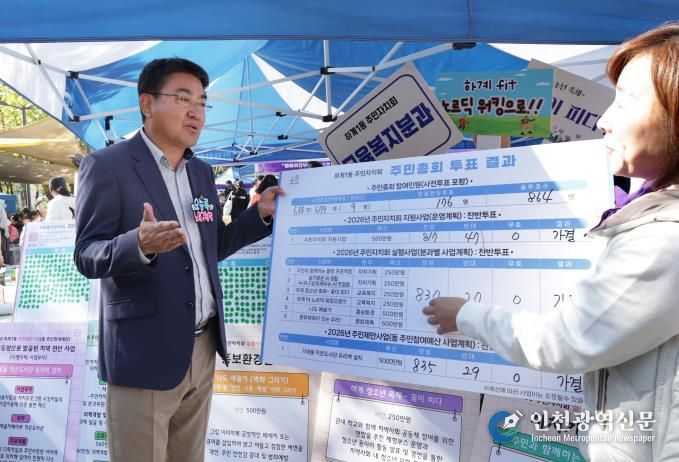 오승록 노원구청장이 2026년 주민총회 투표결과를 듣는 모습