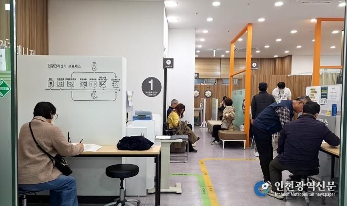 대사증후군 검진 대기 중인 주민들. 구로구보건소 건강관리센터에서 주민들이 대사증후군 검진을 기다리고 있다.