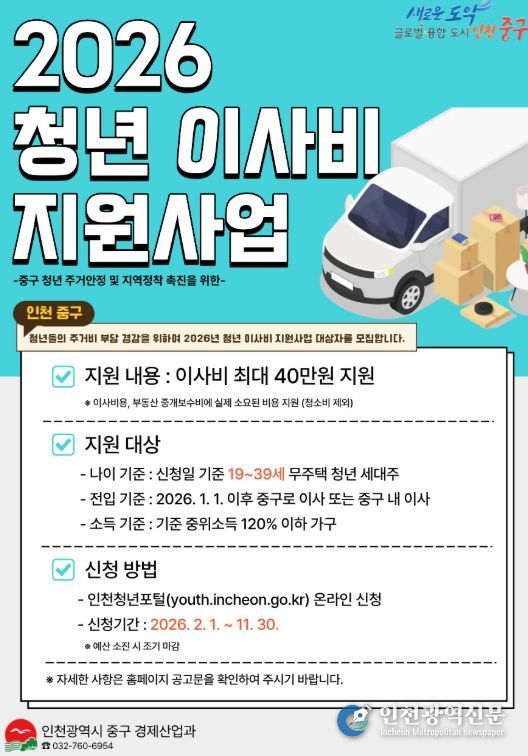 인천 중구, 이사비 최대 40만 원 지원