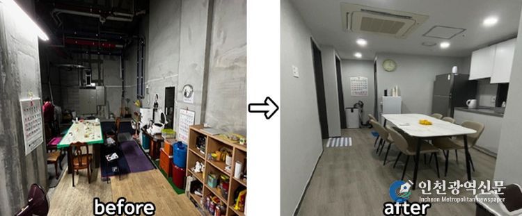 시 지원사업 추진 전 지하 피트층 설치된 경비·청소 노동자 휴게실과 개선 완료한 경비·청소 노동자 휴게실 전후사진