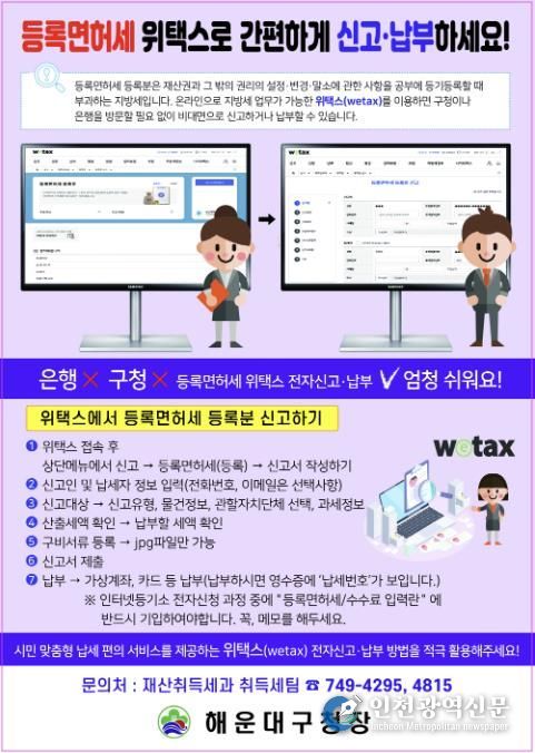 부산 해운대구, 등록면허세 위택스 전자신고·납부 적극 안내