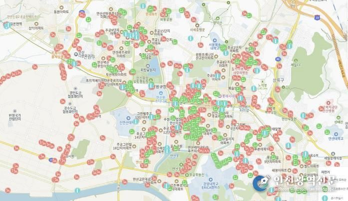 안산시 생활정보지도에 표시된 '자전거 편의시설 위치정보' 사진