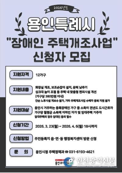 용인특례시가 4월 6일까지 장애인 주택개조 지원사업 신청을 받는다
