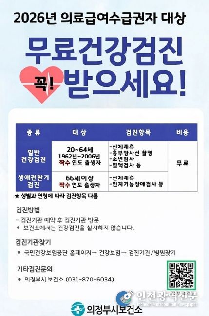 의정부시, 짝수연도 출생자 대상 2026년 의료급여수급권자·건강보험가입자 건강검진 실시