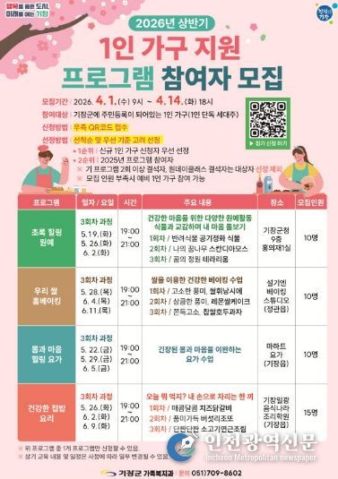 기장군, 2026 상반기 1인 가구 지원 프로그램 참여자 모집 홍보물