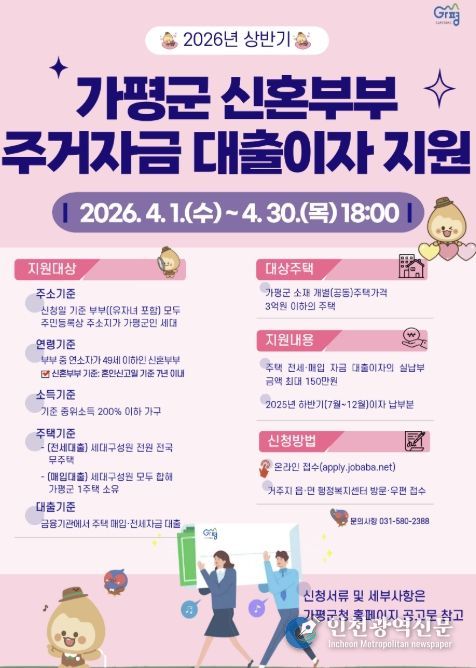 가평군, 상반기 신혼부부 주거자금 대출이자 지원