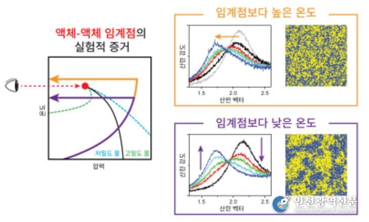 X선 자유전자 레이저를 활용해 관측된 액체-액체 임계점이 존재한다는 실험적 증거에 대한 모식도