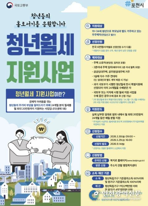 포천시, 청년월세 지원사업 접수 시작... 2년간 최대 480만 원 지원