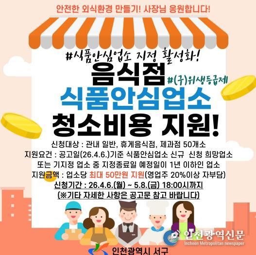 인천 서구, 음식점 식품안심업소 ‘청소비 지원’ 으로 문턱 낮춘다