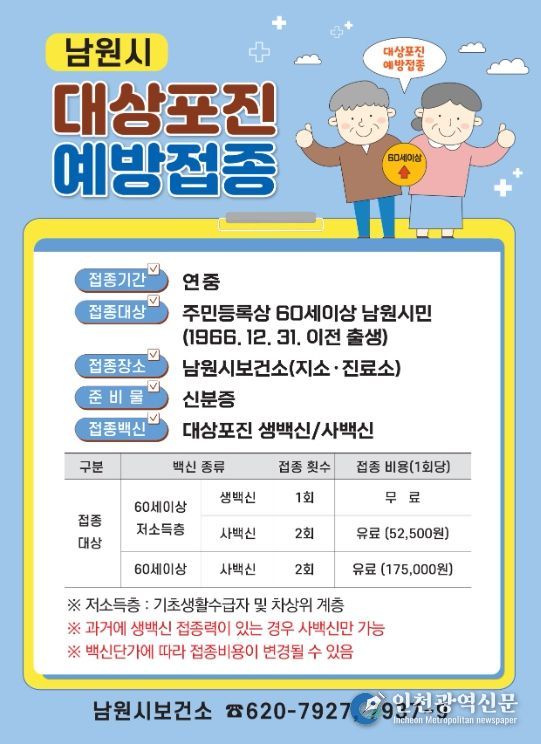 60세 이상 남원시민‘대상포진 예방접종’ 지원