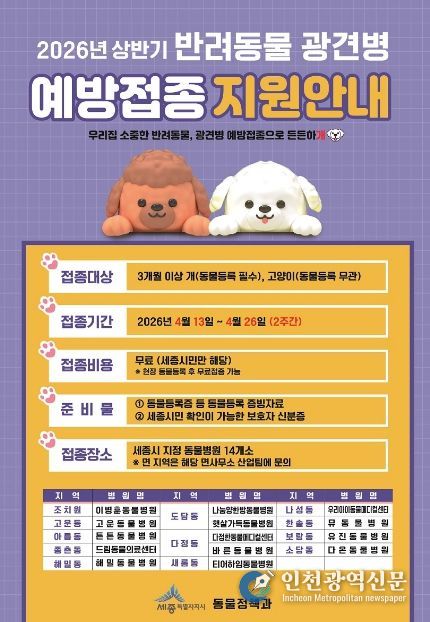 세종시, 봄철 반려동물 광견병 예방접종 무료 지원