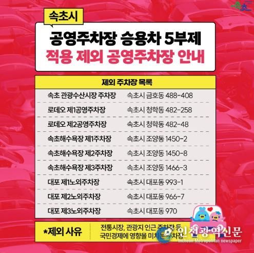 속초시 공영주차장 5부제 적용 제외 주차장 안내