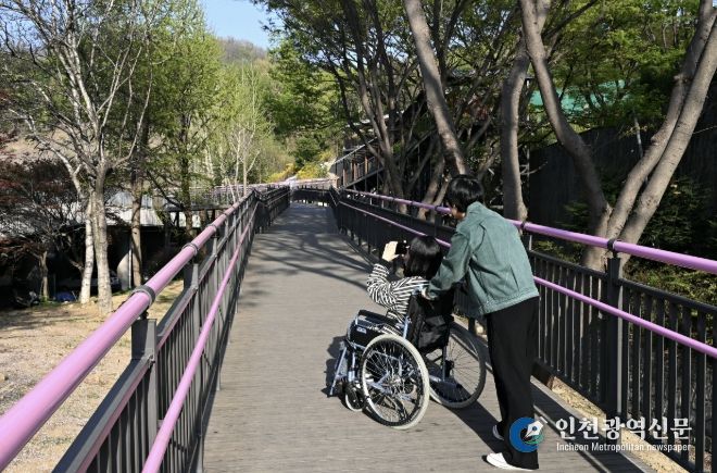휠체어 이용객이 무장애 데크길을 이용해 진달래동산으로 이동하고 있다.